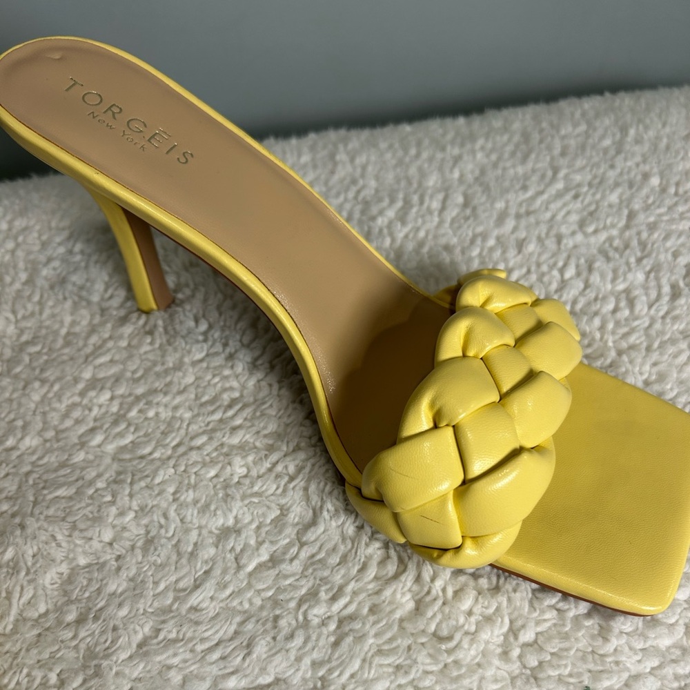 TORGEIS Maraca Open Toe Heels Yellow Braided Size 10 - Picture 13 of 15